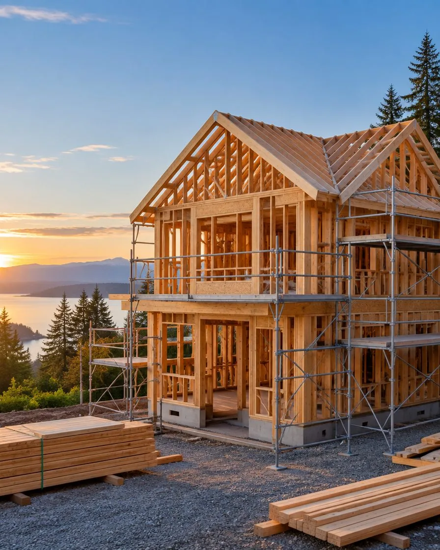 Timber frame of a new two-storey home on an organised site at sunset