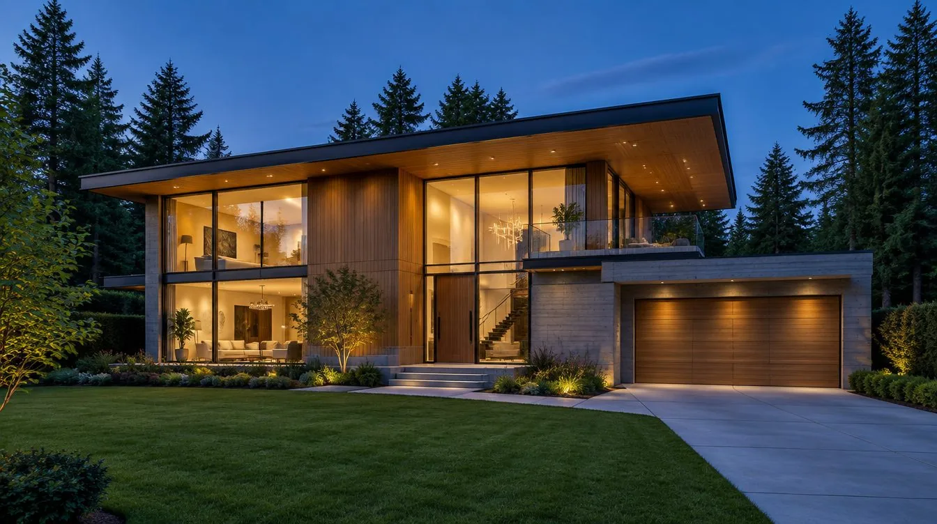 Twilight exterior of a modern custom home